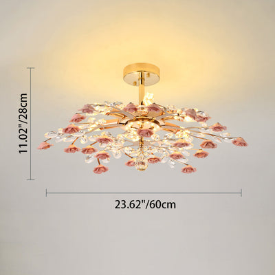 Traditional French Ceramic Crystal Iron Rose & Branch 6/7/8 Light LED Semi-Flush Mount Ceiling Light For Living Room & Bedroom