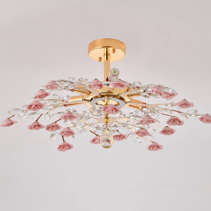 Traditional French Ceramic Crystal Iron Rose & Branch 6/7/8 Light LED Semi-Flush Mount Ceiling Light For Living Room & Bedroom