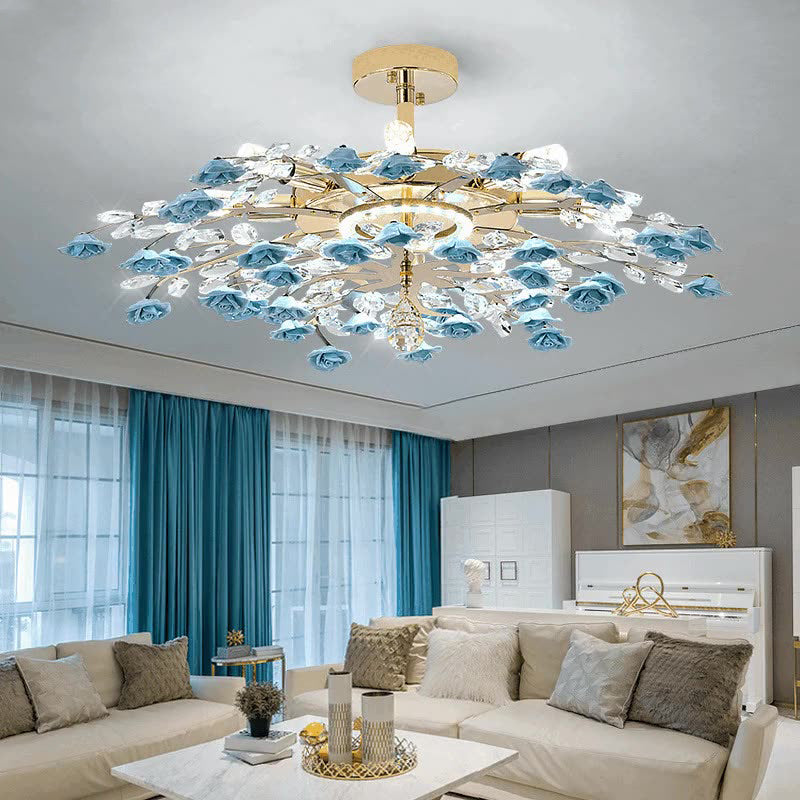 Traditional French Ceramic Crystal Iron Rose & Branch 6/7/8 Light LED Semi-Flush Mount Ceiling Light For Living Room & Bedroom