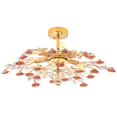 Traditional French Ceramic Crystal Iron Rose & Branch 6/7/8 Light LED Semi-Flush Mount Ceiling Light For Living Room & Bedroom