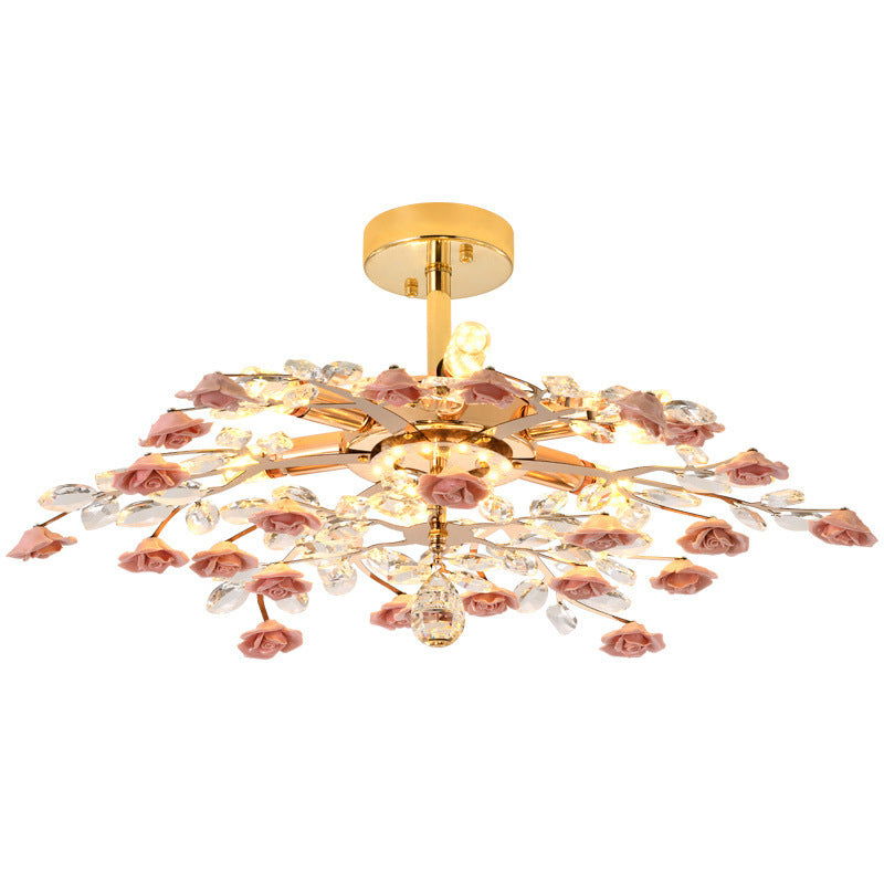 Traditional French Ceramic Crystal Iron Rose & Branch 6/7/8 Light LED Semi-Flush Mount Ceiling Light For Living Room & Bedroom