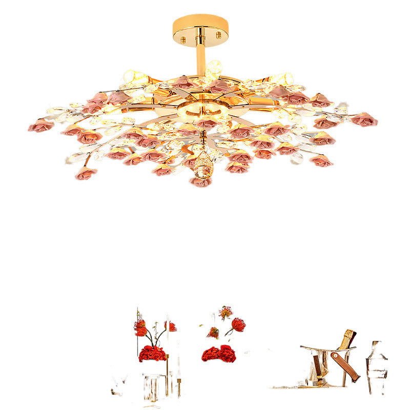 Traditional French Ceramic Crystal Iron Rose & Branch 6/7/8 Light LED Semi-Flush Mount Ceiling Light For Living Room & Bedroom