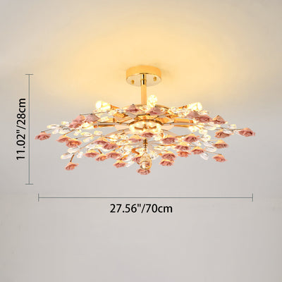 Traditional French Ceramic Crystal Iron Rose & Branch 6/7/8 Light LED Semi-Flush Mount Ceiling Light For Living Room & Bedroom