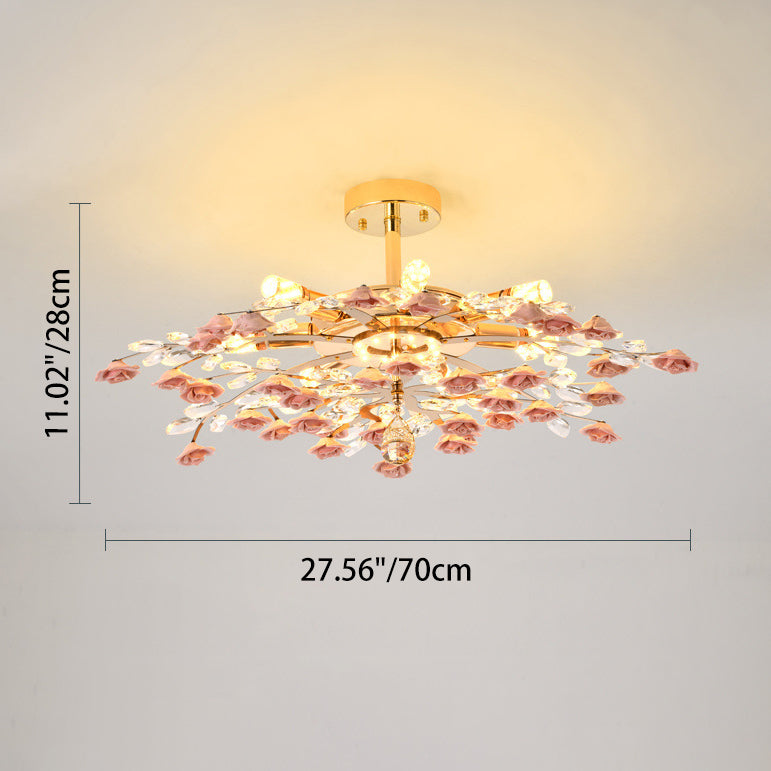 Traditional French Ceramic Crystal Iron Rose & Branch 6/7/8 Light LED Semi-Flush Mount Ceiling Light For Living Room & Bedroom