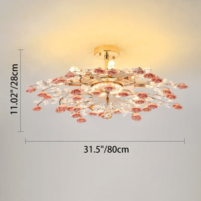 Traditional French Ceramic Crystal Iron Rose & Branch 6/7/8 Light LED Semi-Flush Mount Ceiling Light For Living Room & Bedroom