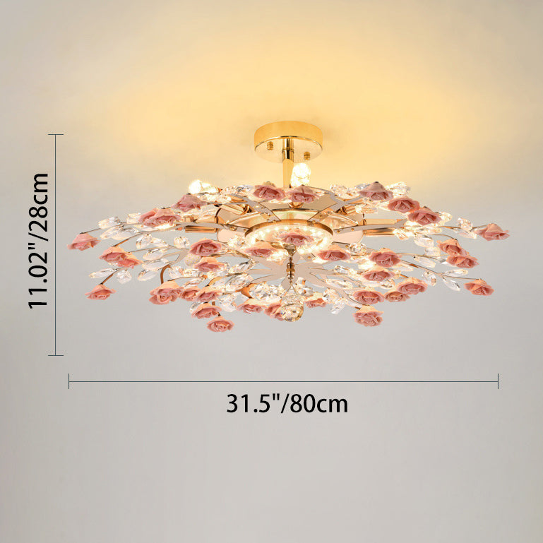 Traditional French Ceramic Crystal Iron Rose & Branch 6/7/8 Light LED Semi-Flush Mount Ceiling Light For Living Room & Bedroom