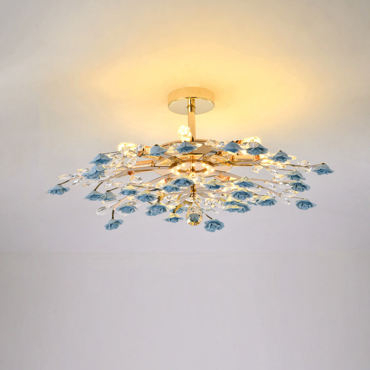 Traditional French Ceramic Crystal Iron Rose & Branch 6/7/8 Light LED Semi-Flush Mount Ceiling Light For Living Room & Bedroom
