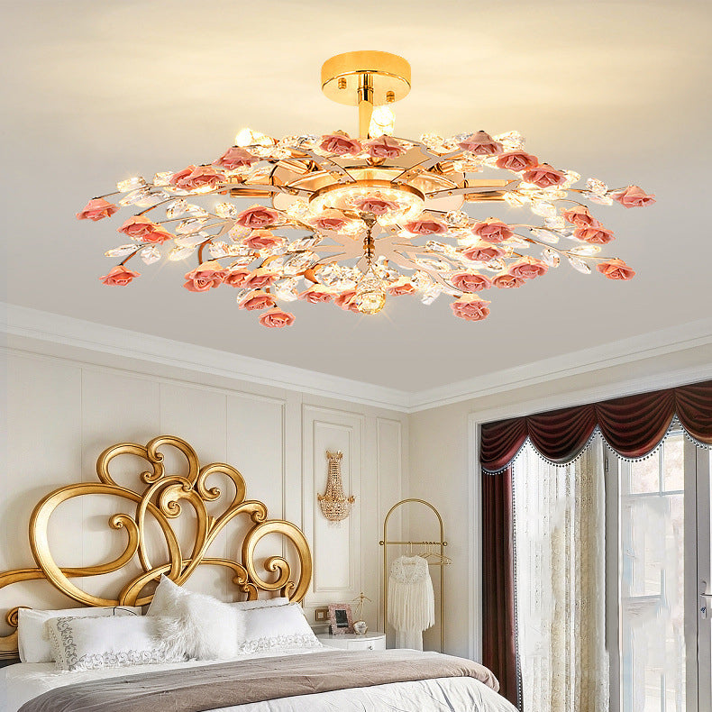 Traditional French Ceramic Crystal Iron Rose & Branch 6/7/8 Light LED Semi-Flush Mount Ceiling Light For Living Room & Bedroom