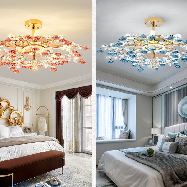 Traditional French Ceramic Crystal Iron Rose &amp; Branch 6/7/8 Light LED Semi-Flush Mount Ceiling Light For Living Room &amp; Bedroom
