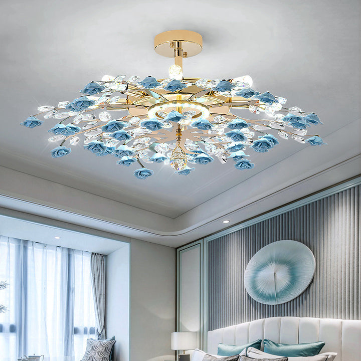 Traditional French Ceramic Crystal Iron Rose &amp; Branch 6/7/8 Light LED Semi-Flush Mount Ceiling Light For Living Room &amp; Bedroom