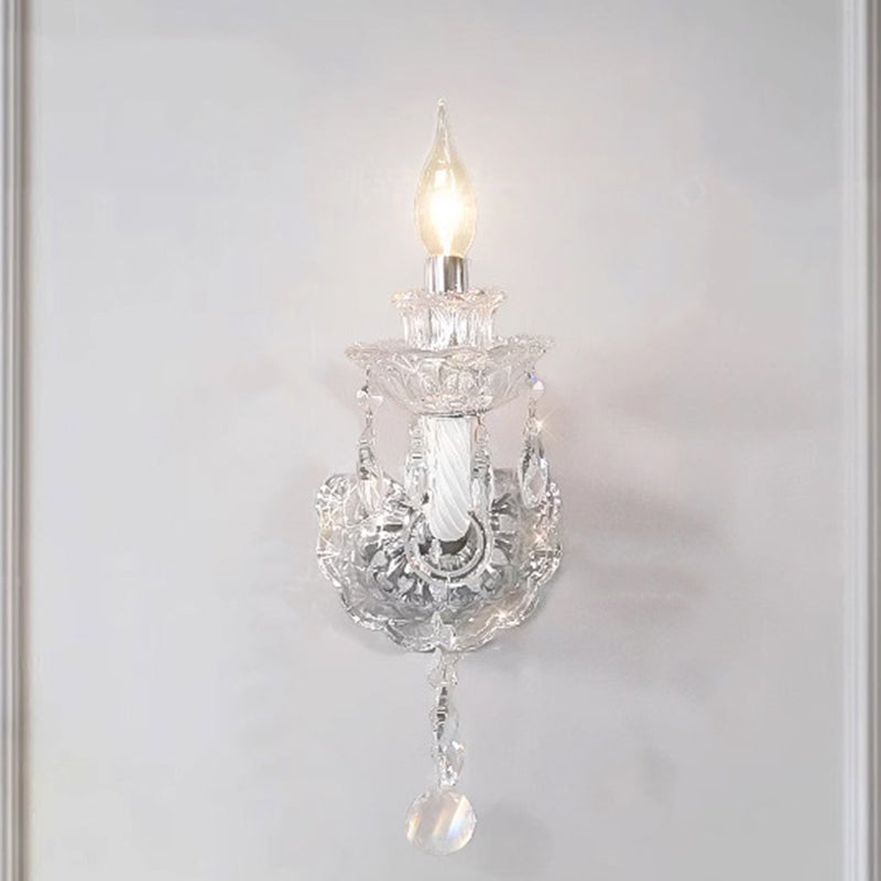 Traditional French Crystal Glass Candelabra Spiral 1/2-Light Wall Sconce Lamp For Bedroom & Living Room