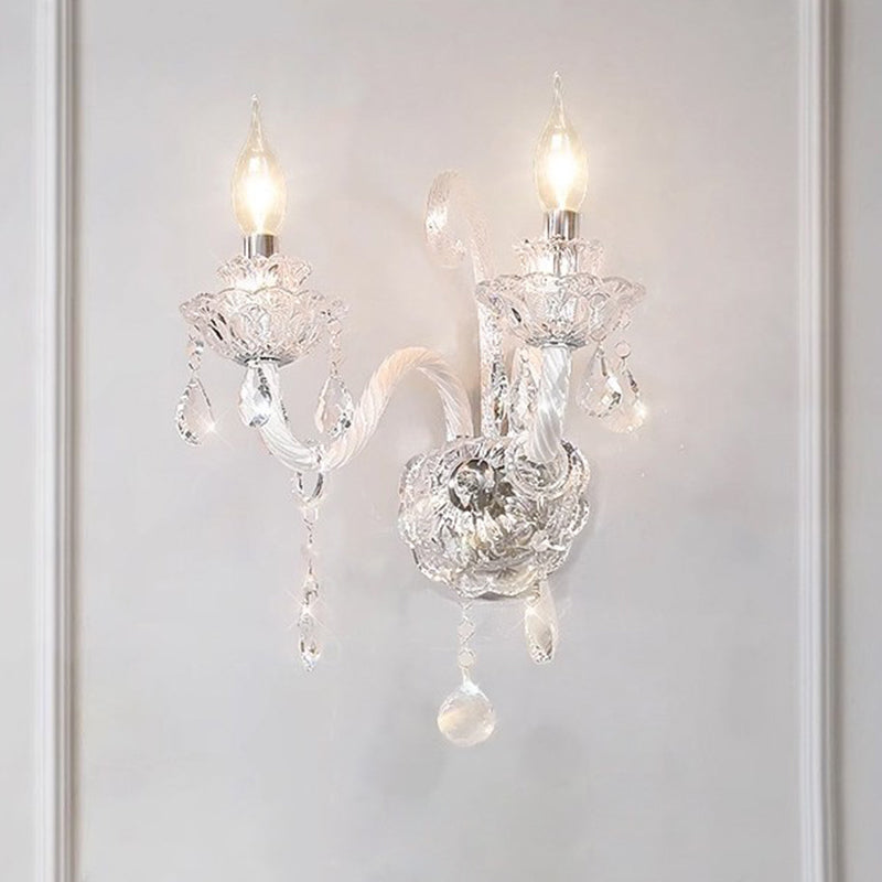 Traditional French Crystal Glass Candelabra Spiral 1/2-Light Wall Sconce Lamp For Bedroom & Living Room