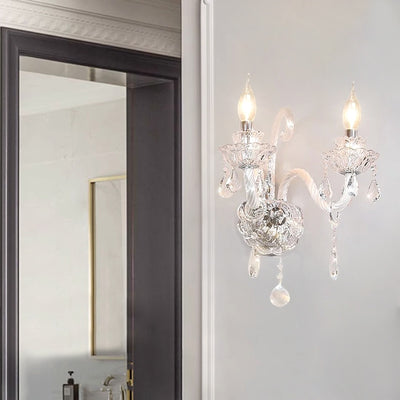 Traditional French Crystal Glass Candelabra Spiral 1/2-Light Wall Sconce Lamp For Bedroom & Living Room
