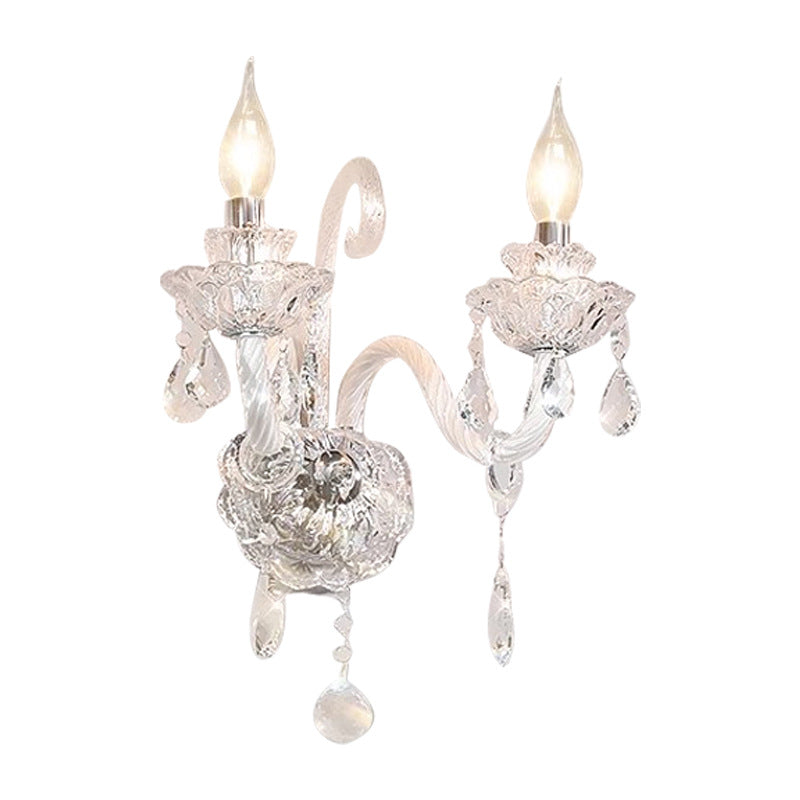 Traditional French Crystal Glass Candelabra Spiral 1/2-Light Wall Sconce Lamp For Bedroom & Living Room