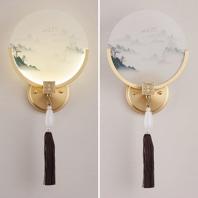 Traditional Chinese Brass & Glass Deer & Landscape Round LED Wall Sconce Lamp For Bedroom & Living Room