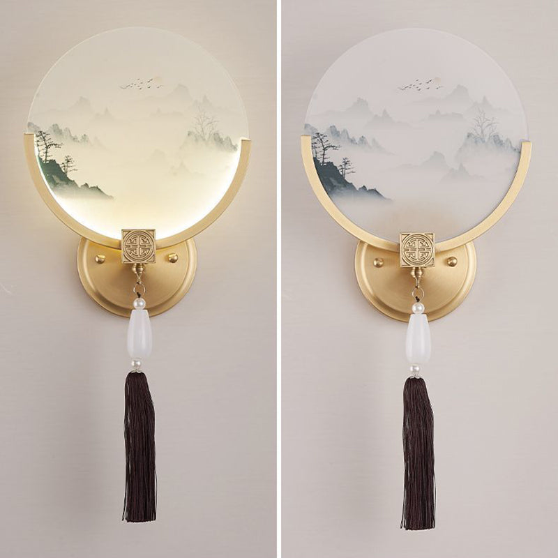 Traditional Chinese Brass & Glass Deer & Landscape Round LED Wall Sconce Lamp For Bedroom & Living Room