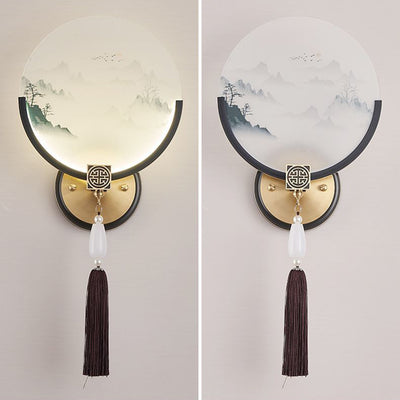 Traditional Chinese Brass & Glass Deer & Landscape Round LED Wall Sconce Lamp For Bedroom & Living Room