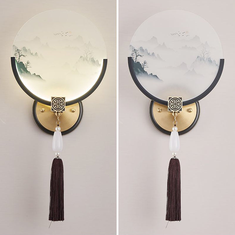 Traditional Chinese Brass & Glass Deer & Landscape Round LED Wall Sconce Lamp For Bedroom & Living Room