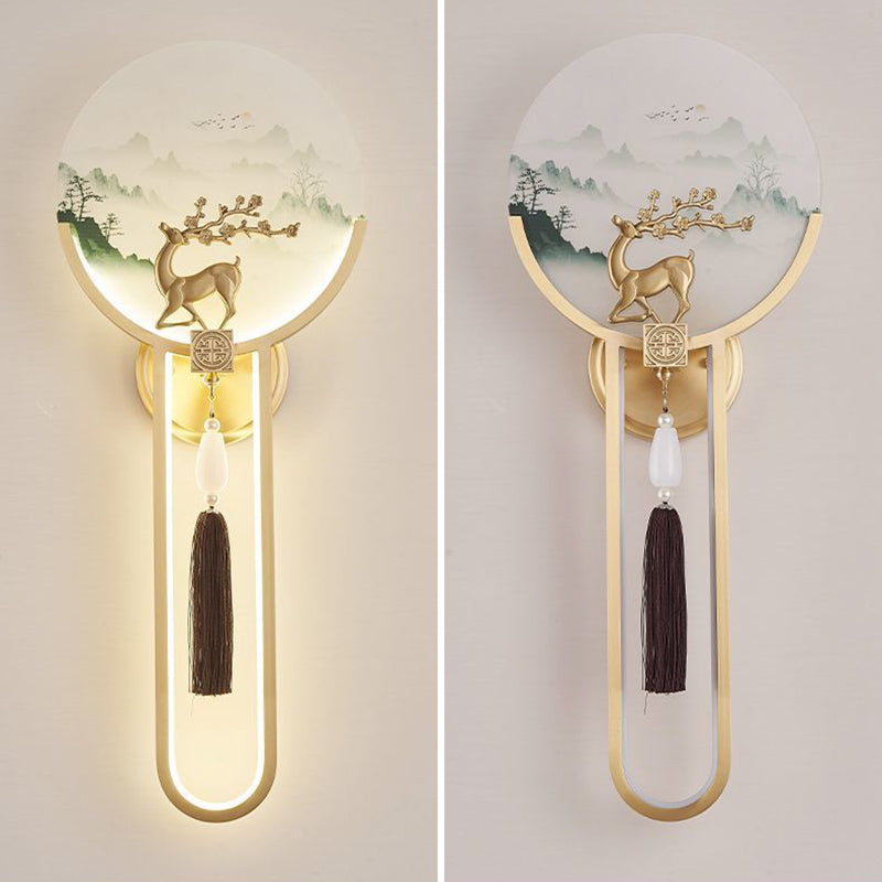 Traditional Chinese Brass & Glass Deer & Landscape Round LED Wall Sconce Lamp For Bedroom & Living Room