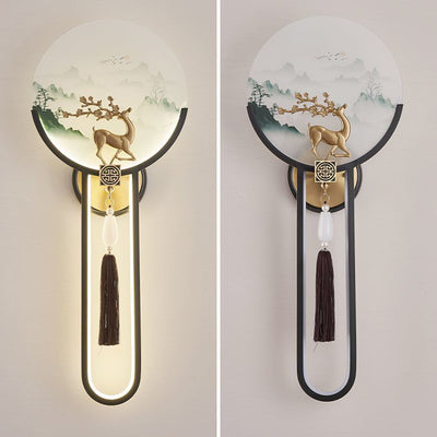 Traditional Chinese Brass & Glass Deer & Landscape Round LED Wall Sconce Lamp For Bedroom & Living Room