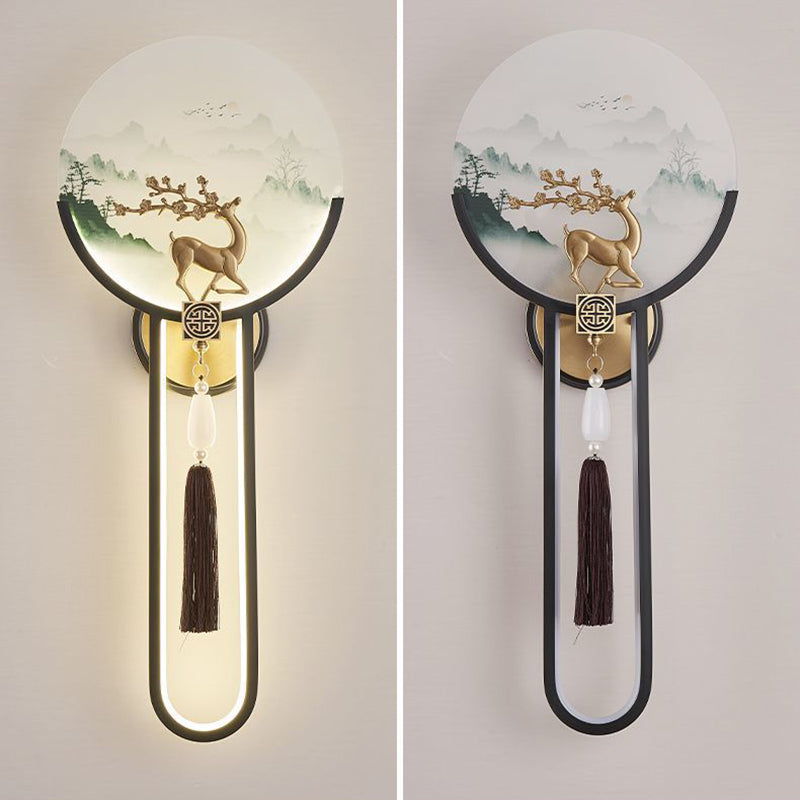 Traditional Chinese Brass & Glass Deer & Landscape Round LED Wall Sconce Lamp For Bedroom & Living Room