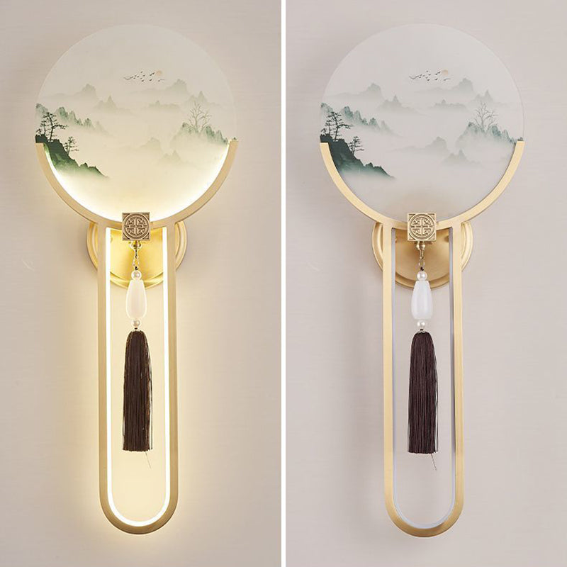 Traditional Chinese Brass & Glass Deer & Landscape Round LED Wall Sconce Lamp For Bedroom & Living Room