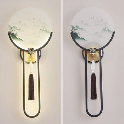 Traditional Chinese Brass & Glass Deer & Landscape Round LED Wall Sconce Lamp For Bedroom & Living Room