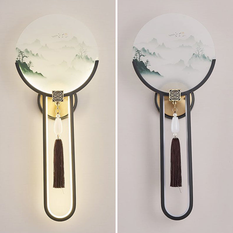 Traditional Chinese Brass & Glass Deer & Landscape Round LED Wall Sconce Lamp For Bedroom & Living Room