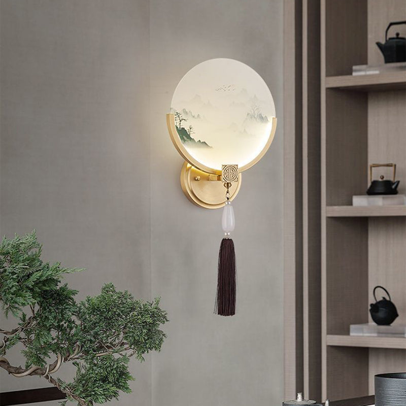 Traditional Chinese Brass & Glass Deer & Landscape Round LED Wall Sconce Lamp For Bedroom & Living Room