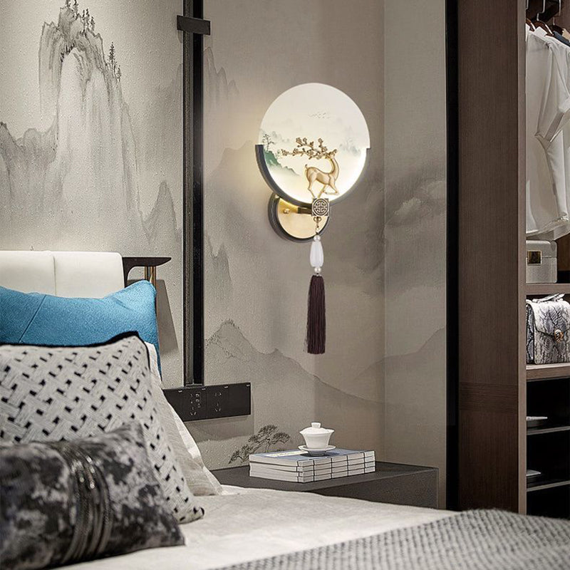 Traditional Chinese Brass & Glass Deer & Landscape Round LED Wall Sconce Lamp For Bedroom & Living Room