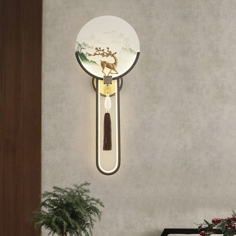 Traditional Chinese Brass & Glass Deer & Landscape Round LED Wall Sconce Lamp For Bedroom & Living Room