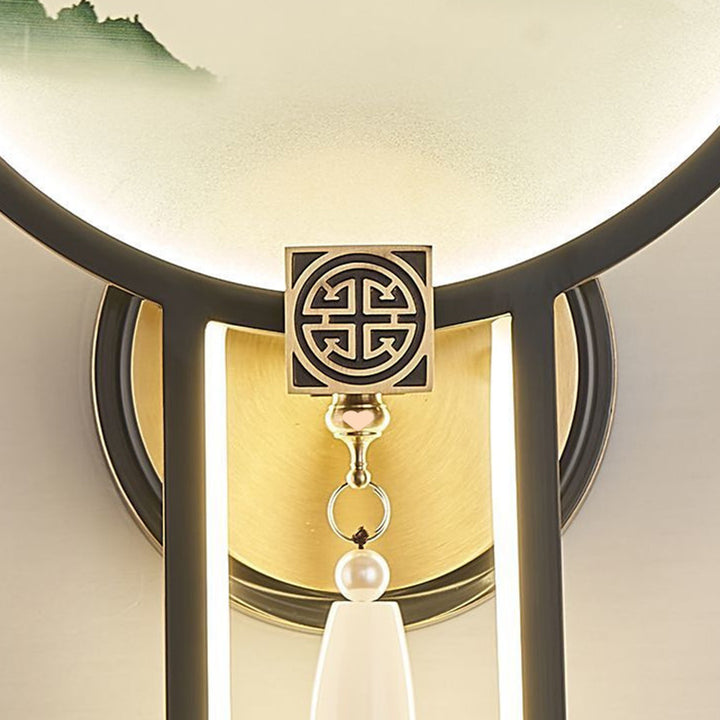 Traditional Chinese Brass &amp; Glass Deer &amp; Landscape Round LED Wall Sconce Lamp For Bedroom &amp; Living Room