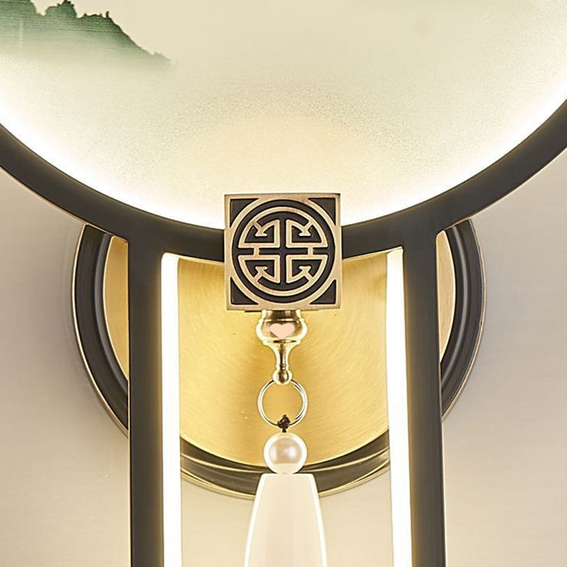 Traditional Chinese Brass & Glass Deer & Landscape Round LED Wall Sconce Lamp For Bedroom & Living Room