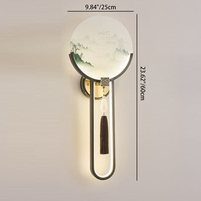 Traditional Chinese Brass & Glass Deer & Landscape Round LED Wall Sconce Lamp For Bedroom & Living Room