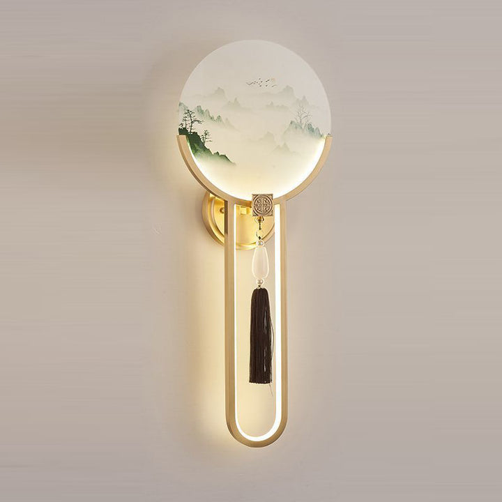 Traditional Chinese Brass &amp; Glass Deer &amp; Landscape Round LED Wall Sconce Lamp For Bedroom &amp; Living Room