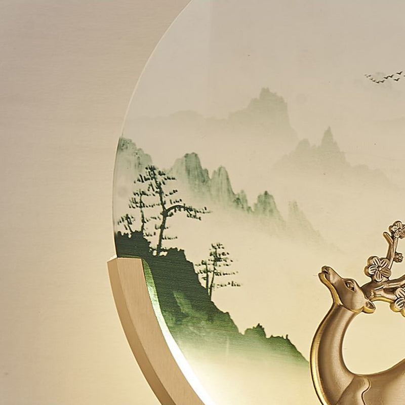 Traditional Chinese Brass & Glass Deer & Landscape Round LED Wall Sconce Lamp For Bedroom & Living Room