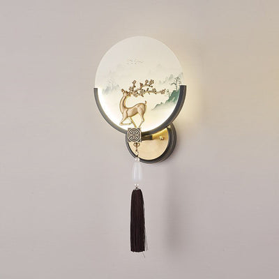 Traditional Chinese Brass & Glass Deer & Landscape Round LED Wall Sconce Lamp For Bedroom & Living Room