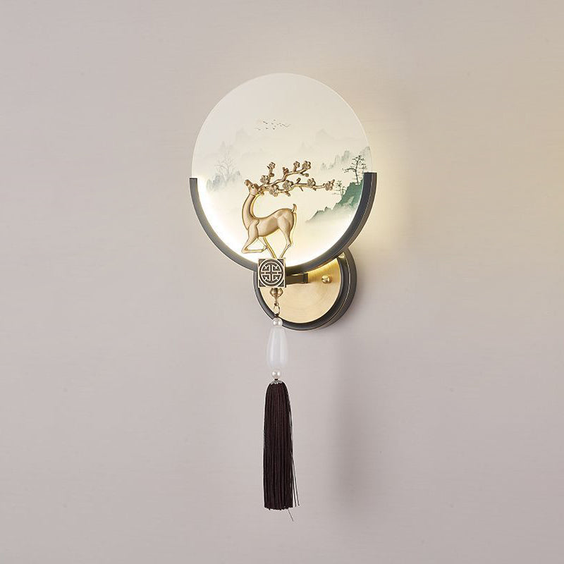 Traditional Chinese Brass & Glass Deer & Landscape Round LED Wall Sconce Lamp For Bedroom & Living Room
