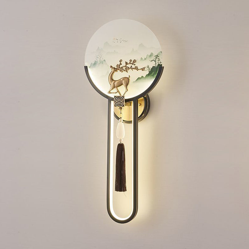 Traditional Chinese Brass & Glass Deer & Landscape Round LED Wall Sconce Lamp For Bedroom & Living Room