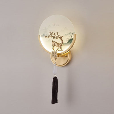 Traditional Chinese Brass & Glass Deer & Landscape Round LED Wall Sconce Lamp For Bedroom & Living Room