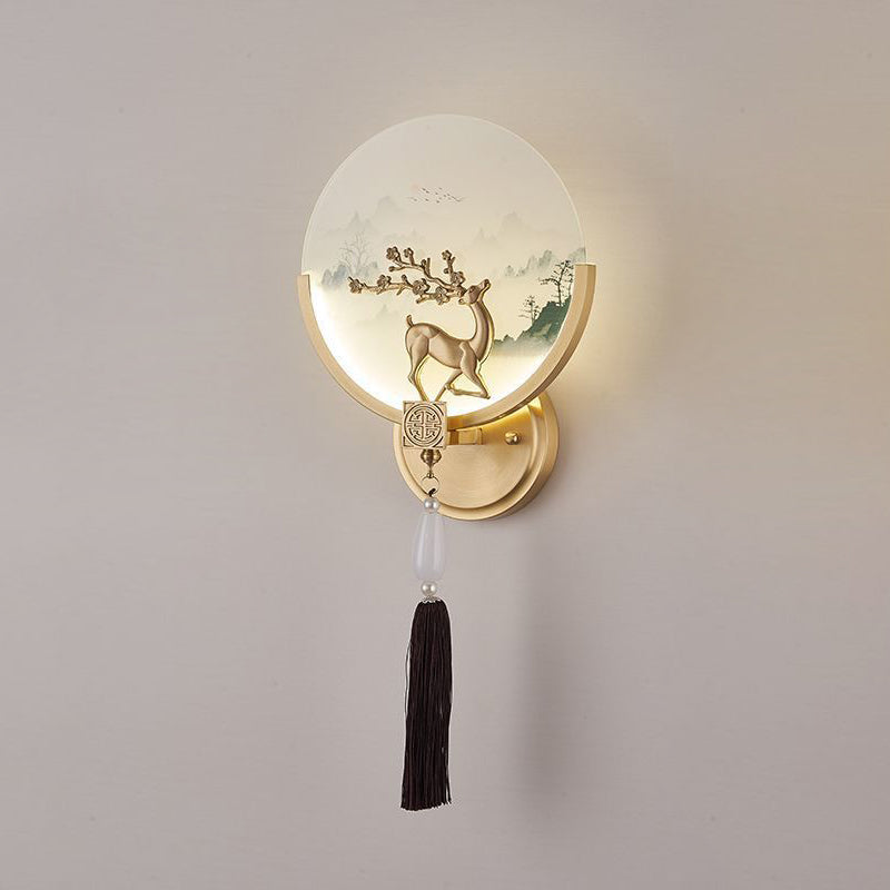 Traditional Chinese Brass & Glass Deer & Landscape Round LED Wall Sconce Lamp For Bedroom & Living Room