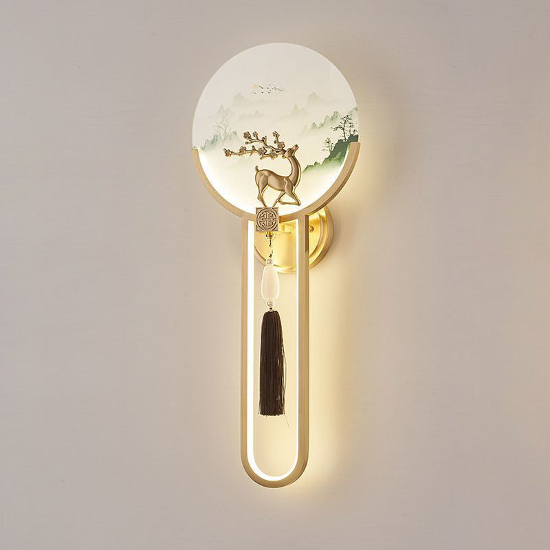 Traditional Chinese Brass & Glass Deer & Landscape Round LED Wall Sconce Lamp For Bedroom & Living Room