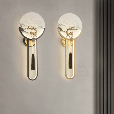 Traditional Chinese Brass & Glass Deer & Landscape Round LED Wall Sconce Lamp For Bedroom & Living Room