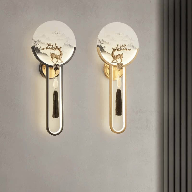 Traditional Chinese Brass & Glass Deer & Landscape Round LED Wall Sconce Lamp For Bedroom & Living Room