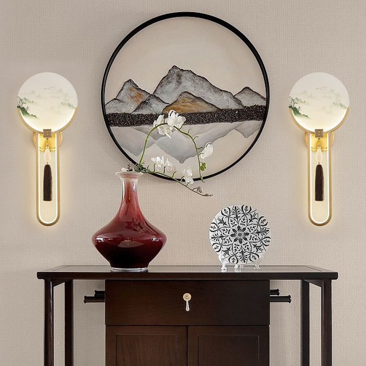 Traditional Chinese Brass &amp; Glass Deer &amp; Landscape Round LED Wall Sconce Lamp For Bedroom &amp; Living Room