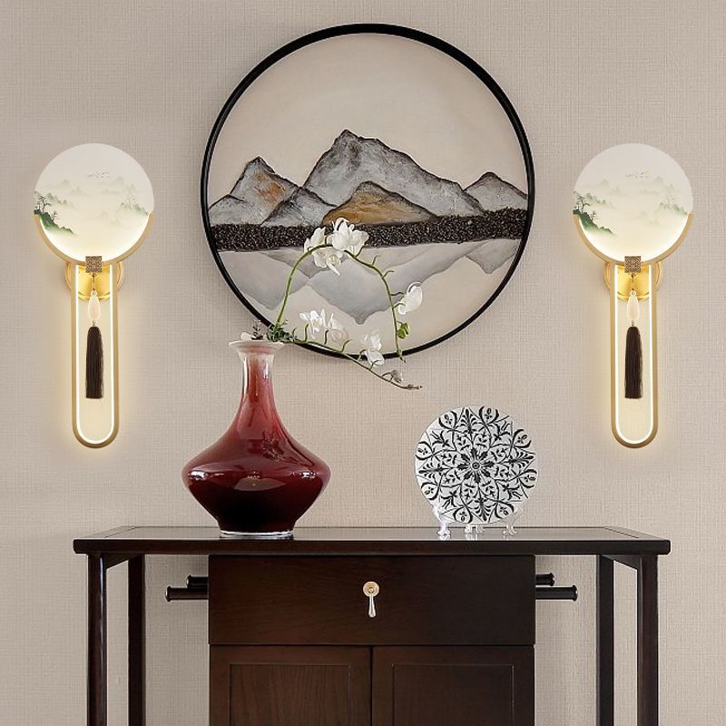 Traditional Chinese Brass & Glass Deer & Landscape Round LED Wall Sconce Lamp For Bedroom & Living Room
