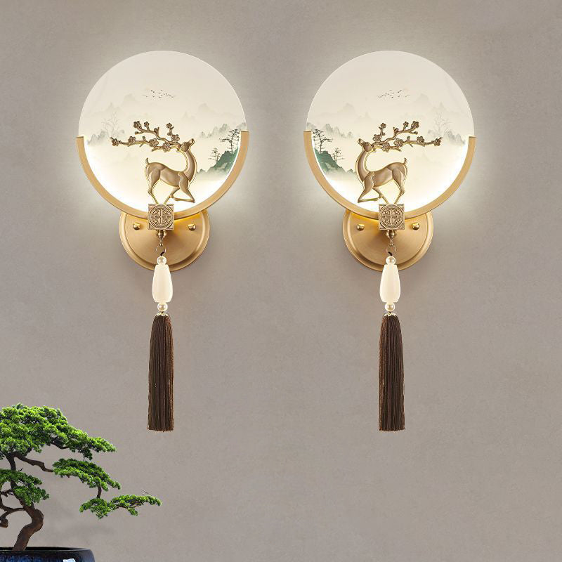 Traditional Chinese Brass & Glass Deer & Landscape Round LED Wall Sconce Lamp For Bedroom & Living Room
