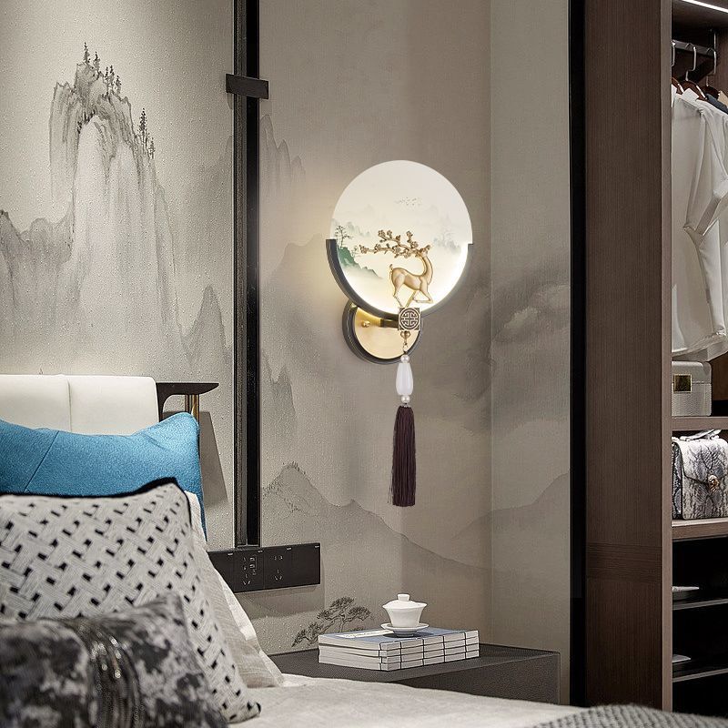 Traditional Chinese Brass & Glass Deer & Landscape Round LED Wall Sconce Lamp For Bedroom & Living Room