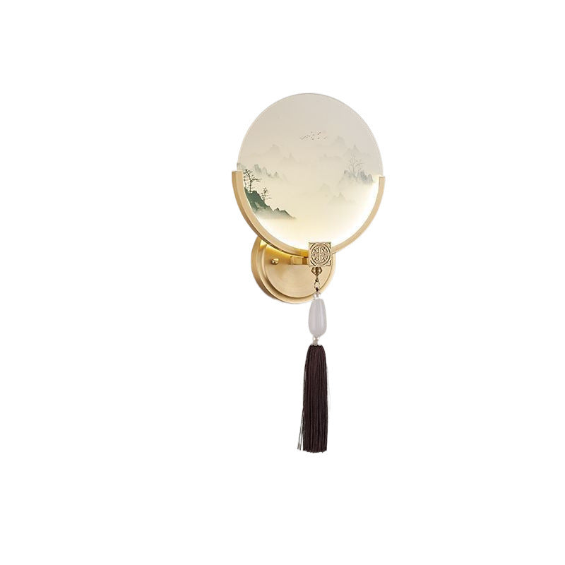 Traditional Chinese Brass & Glass Deer & Landscape Round LED Wall Sconce Lamp For Bedroom & Living Room