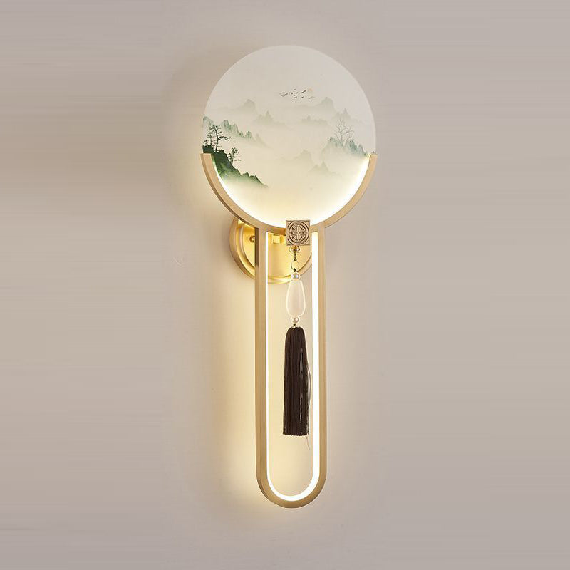 Traditional Chinese Brass & Glass Deer & Landscape Round LED Wall Sconce Lamp For Bedroom & Living Room